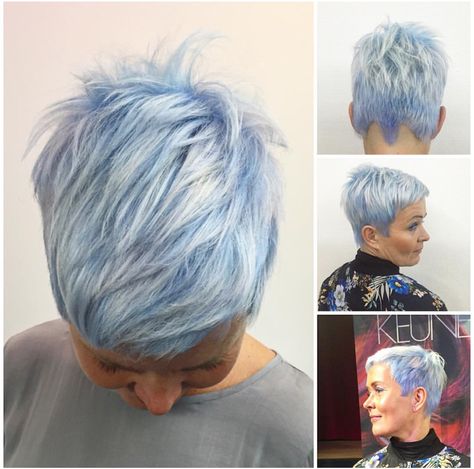 Silver And Blue Hair Short, Short Blue Hair Bob, Grey Hair With Blue Highlights, Short Blue Hair Pixie, Platinum Hair Color Ideas, Short Bob Hair Styles, Icy Blue Hair, Silver Blue Hair, Bob Hair Styles