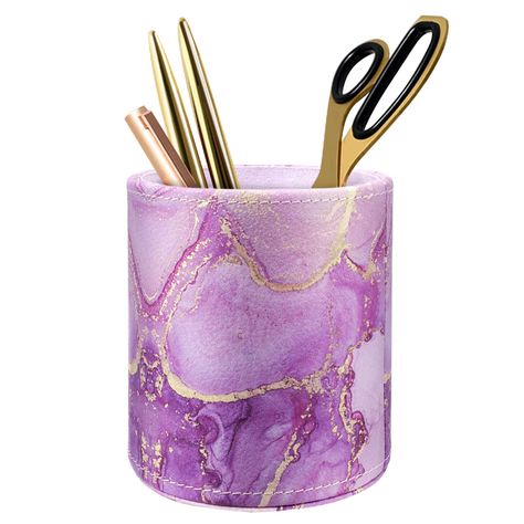 Purple Office Decor, Purple Desk, Pencil Holders For Desk, Purple Office, Girl Desk, Gold Office, Pencil Organizer, Pen Organization, Makeup Brush Holder