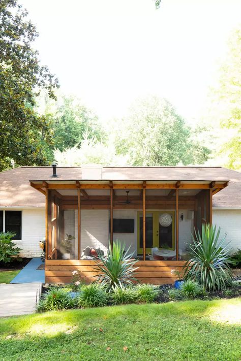 Screened In Porch Ranch House, Hardy Board Screened Porch, Screened Porch Front Of House, Screened Porch Off Kitchen, Screened Porch On Ranch Style Home, Screened Porch Landscaping, Cool Screened In Porch Ideas, Screen Porch On Deck, Mid Century Screened In Porch