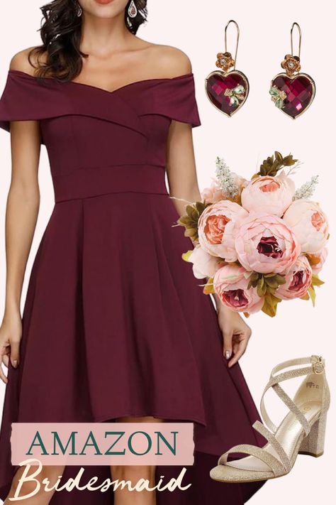 Burgundy dress, faux flowers, wedding guest dress Bridesmaid Dresses Short, Burgundy Bridesmaid, Burgundy Bridesmaid Dresses, Bridesmaid Outfit, Short Bridesmaid Dresses, Burgundy Wedding, Dresses Short, Outfit Idea, Burgundy Red