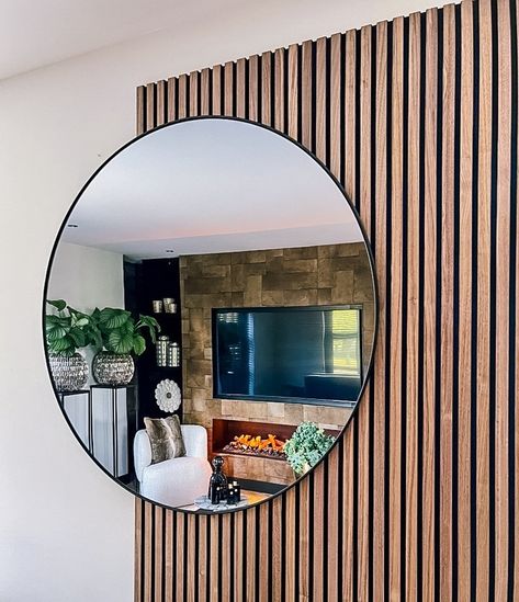 Slat Wall Mirror, Round Mirror Ideas, Acustic Panels, Big Round Mirror, Mirror Panelling, Round Mirror Decor, Wooden Panelling, Feature Wall Living Room, Feature Wall Bedroom