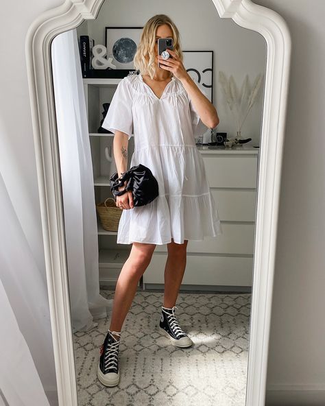 Converse cdg styled with a white smock dress - spring outfit idea @liketoknow.it #liketkit #LTKspring #LTKshoecrush http://liketk.it/2O9em White Smock Dress Outfit, White Converse Outfit Dress, High Top Converse And Dress, White Dress And Converse, Black Dress And Converse Outfit, White Dress With Converse, Dresses With Converse High Tops, Outfits With White Shoes, Converse And Dress Outfit