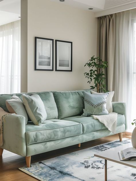 Mint Sofa Living Room, Mint Living Room Ideas, Mint Green Sofa Living Rooms, Mint Green Interior Design, Mint Green Living Room Ideas, Mint Green Couch, Sofas Ideas Living Room Small Spaces, Green Sofa Ideas, Living Room Decor Green Couch