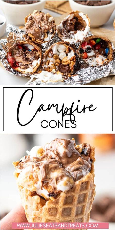 Ditch the mess & enjoy melty goodness! Campfire Cones are the fun, easy treat that skips the S'mores struggle. Fill 'em with chocolate, marshmallows, fruit - anything you crave! Bake, grill or oven - the melty magic is yours to create! Campfire Cones Recipe, Campfire Cones, Campfire Desserts, Dessert Recipes For Kids, Easy Treat, Yummy Ice Cream, Easy Summer Desserts, Unique Desserts, Chocolate Marshmallows