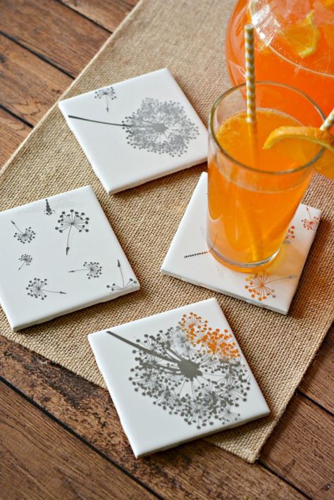 Orange punch sitting on tile coasters. Craft Girls Night, Coasters With Pictures, Pasta Diy, Diy Tile Coasters, Homemade House Decorations, Diy Coasters Tile, Do It Yourself Decoration, Girls Night Crafts, Coaster Crafts