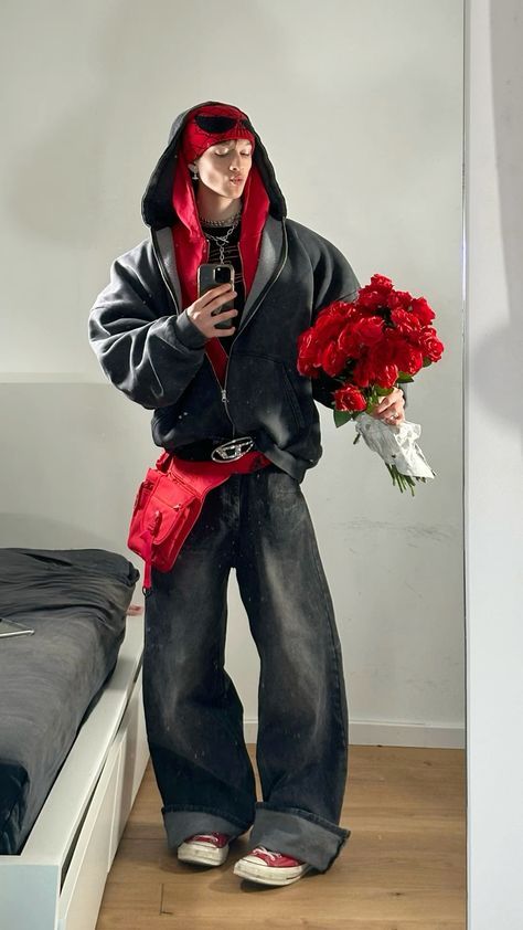 Outfits With Red Converse Men, Red Y2k Outfit Men, Streetwear Red Outfit, Spiderman Beanie Outfit, Spiderman Hoodie Outfit, Winter Outfits With Hoodies, Valentine Outfits Men, Men’s Valentines Outfit, Valentines Outfit Men