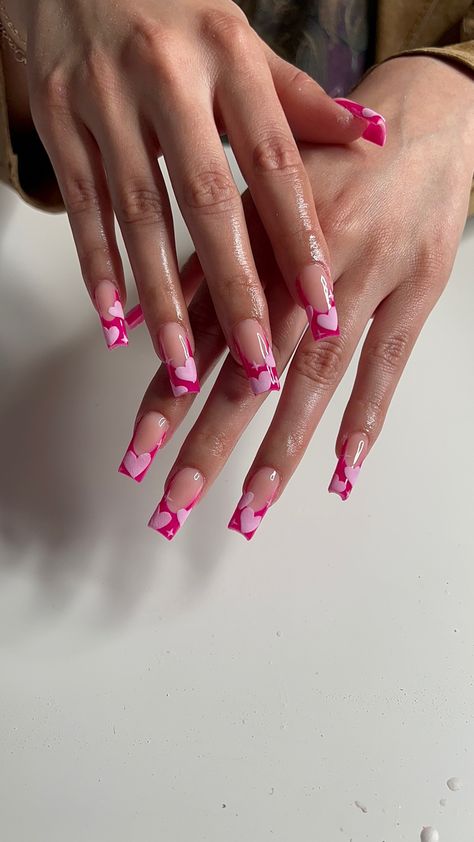 Pink and heart nails Funky Heart Nails, Pink And Heart Nails, Pink Heart Cherry Nails, Pink Nails With Pink Hearts, Hot Pink And Red Valentine Nails, Pink Vday Nails Valentines Day, Fusha Color Nails Acrylic Short, Heart Break Nails, Valentine Nails Pink And Red