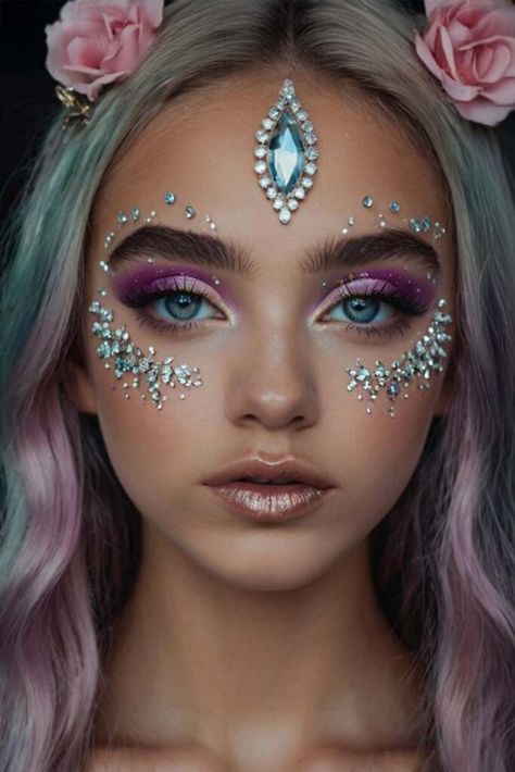 Fairy Unicorn Makeup Ideas For Parties ★ Rave Makeup With Gems, Unicorn Costume Makeup, Unicorn Makeup Ideas, Ideas For Parties, Forest Nymph, Halloween Fairy, Unicorn Makeup, Rave Makeup, Face Gems