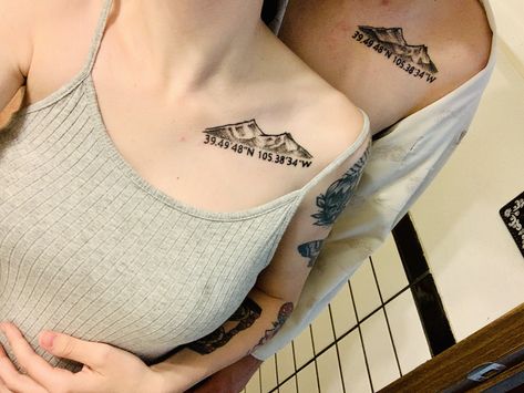 Matching Mountain Tattoos Couples, Mountain Couple Tattoo, Rocky Mountain Tattoo, Wedding Date Tattoos, Mountain Couple, Date Tattoos, Mountain Tattoo, The Rocky Mountains, Wedding Tattoos