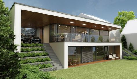 Houses On Slopes, Slope House Design, Sloping Lot House Plan, Home Designs Exterior, Slope House, Hillside House, Minimal House Design, Village House Design, Container House Design