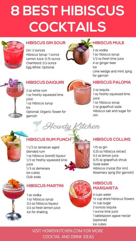 stunning selection of eight hibiscus cocktails, highlighting refreshing drinks like Hibiscus Rum Punch and Hibiscus Gin Sour, all served with colorful, festive garnishes. Hibiscus Drinks Cocktails, Hibiscus Alcoholic Drinks, Hibiscus Rum Cocktail, Hibiscus Gin Cocktail, Hibiscus Syrup Cocktail, Papaya Cocktail Recipes, Hibiscus Cocktail Recipe, Hibiscus Drink Recipes, Guava Cocktail Recipes