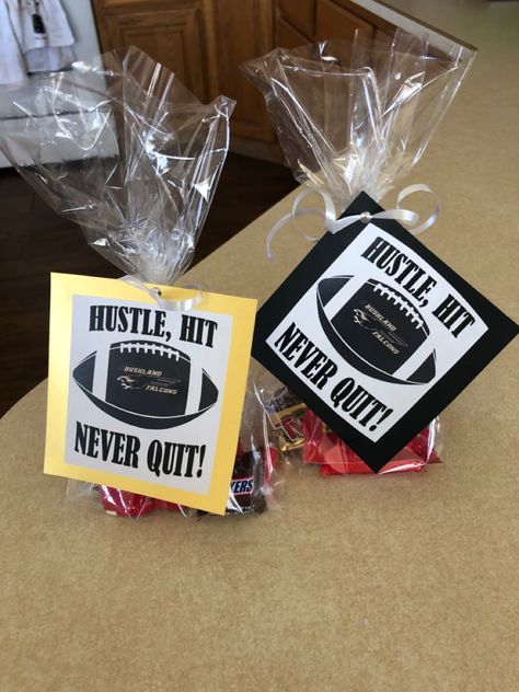 Homecoming Treats For Football Players, Football Spirit Treat Ideas, Football Team After Game Snacks, Football Snacks For Kids After Game Bags, Homecoming Buckets Football, Football Game Treats For Players, Game Day Treats For Players Goodie Bags, Sports Booster Club Ideas, Football Good Luck Gifts