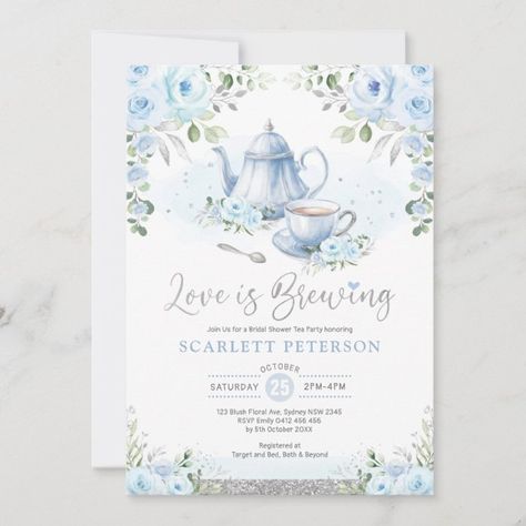 Blue Flower Wreath, Tea Bridal Shower Invitations, Love Is Brewing, Birthday Tea Party, A Baby Is Brewing, Tea Party Invitations, Baby Shower Tea, Bridal Shower Flowers, Tea Party Bridal Shower