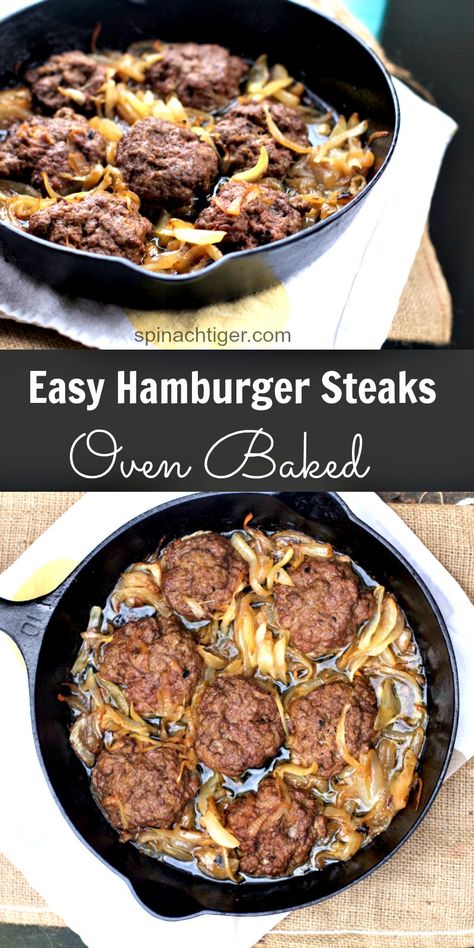 Oven Baked Hamburger Steaks with caramelized onions or mushroom. #ketodinner #groundbeef #spinachtiger #hamburger #hamburgersteaks #easydinner Hamburger Steak In Oven, Baked Hamburger Patties, Easy Hamburger Steak, Oven Baked Burgers, Steaks Recipes, Best Hamburger Recipes, Baked Hamburgers, Baked Burgers, Hamburger Steak Recipes