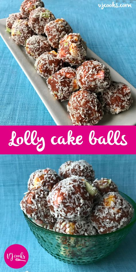 Lolly cake balls easy recipe from VJ cooks. Made with condensed milk, malt biscuits, butter and fruit puffs. Rolled into balls and then rolled in coconut. #lollycake #lollyballs #vjcooks Lolly Cake Recipe, Vj Cooks - Recipes, Lollie Cake, Cake Balls Easy, Nz Recipes, Biscuits Butter, Fruit Balls, Crumpet Recipe, Video Classic