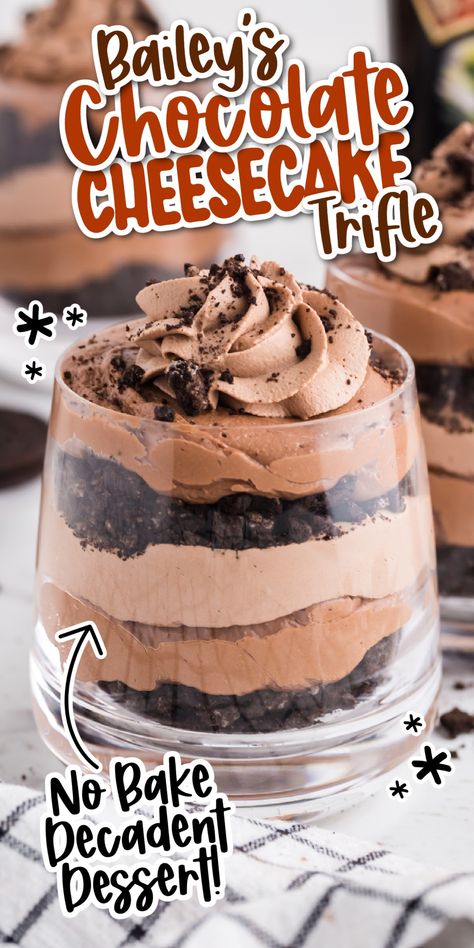 Chocolate Cheesecake Trifle, Mini Trifle Desserts, Flavored Cheesecake, Oreo Trifle, Creamy Chocolate Cheesecake, Flavored Whipped Cream, Cheesecake Trifle, Baileys Recipes, Chocolate Whipped Cream