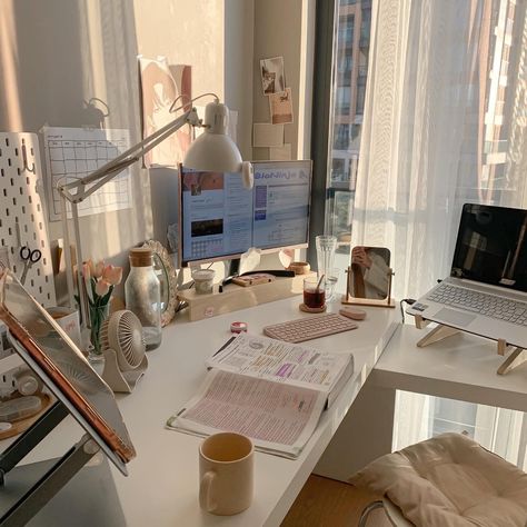 ig / yt : milkycfe Student Desk Setup, Studying Aesthetic, Desk Tour, Study Vlog, Study Desk Decor, Student Desk, Aesthetic Study, Desk Inspiration, Student Desks