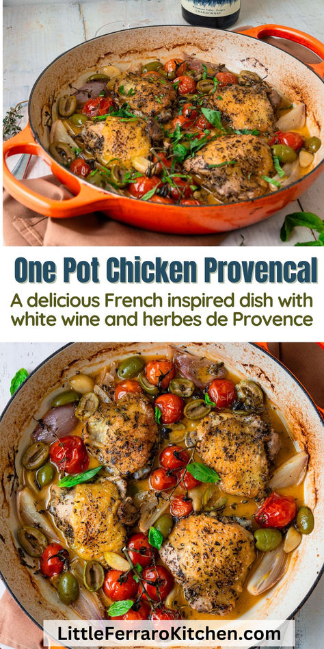 This One Pot Chicken Provencal is a flavorful and comforting chicken dinner with French herbs, sweet cherry tomatoes, shallots, and briny olives. Ready in nearly 35 minutes with minimal cleanup using only one pot! Chicken Le Creuset Recipes, Chicken Provencal Recipes, Recipes Using Herbs De Provence, Herbs De Provence Recipes, Provence Recipes, French Herbs, Herb De Provence Recipe, Chicken Provencal, Chicken Provencal New York Times