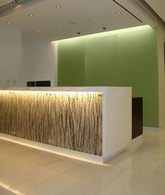 Reception desk with backlit acrylic panel is unique and beautiful, really like the lighting on Small Reception Desk Design, Office Reception Desk Designs, Front Desk Counter, Best Office Design, Front Desk Design, Small Reception Desk, Receptionist Desk, Custom Reception Desk, Reception Desk Office