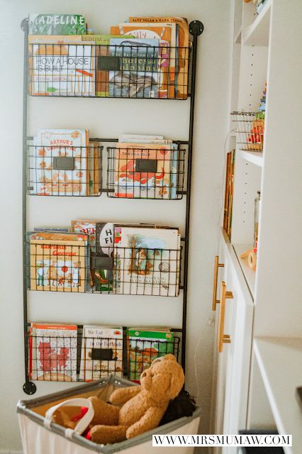 Wire Basket Shelves, Farmhouse Playroom, Front Living Room, Scroll Wall Art, Ikea Kids, Office Remodel, Ikea Billy Bookcase, Garage Office, Ikea Billy