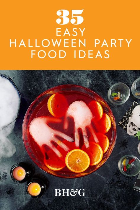 This easy Halloween recipe is sure to scare! Make frozen hands by filling latex gloves with tonic water and gummy worms. Drop the finished hands in a citrusy fruit punch and finish this delicious Halloween drink recipe with fresh sliced oranges #halloweenfood #halloweenfoodideas #halloweenpartyfood #halloweentreats #halloweensnacks #bhg Quick Halloween Party Food, Halloween Party Food Recipes, Halloween Dessert Recipes, Frozen Hands, Delicious Halloween Desserts, Sliced Oranges, Halloween Recipes Drinks, Halloween Jello, Easy Halloween Party Food