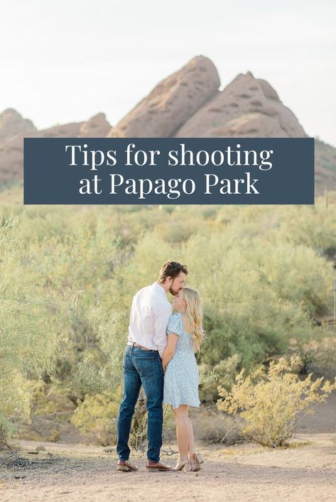 Read more about tips for shooting at Papago Park and see Gabby + Alex's couple photoshoot in the desert! Papago Park Arizona, Papago Park Photoshoot, Couples Desert Photoshoot, Papago Park Engagement Photos, Desert Couple Photoshoot, Desert Engagement Shoot, Mountains And Water, Papago Park, Desert Engagement Photos