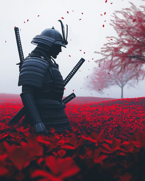 Imagine yourself walking through a quiet field, the soft breeze carrying the scent of cherry blossoms. In the middle of the red flowers stands a lone samurai, his armor reflecting a life filled with battles and honor. The petals swirl around him as if nature itself bows to his presence. What thoughts cross his mind as he contemplates the past and the journey ahead? The crimson sea of blossoms seems to mirror both the beauty and the bloodshed that has shaped him. Could this be his final stand... Cherry Blossom Samurai, Ghost Of Tsushima Wallpaper Desktop, Ghost Of Tsushima Landscape, Samurai On Mountain, Samurai Battlefield, Flower Stands, Red Flowers, Cherry Blossom, Swirl