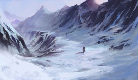 ArtStation - Snowy Mountains, Nam Tran Snowy Plains Fantasy Art, Snowy Mountains Fantasy Art, Fantasy Snowy Mountains, Snowy Landscape Concept Art, Snow Mountain Art, Snowy Environment, Mountain Aesthetic, Cold Mountain, Mountain Artwork