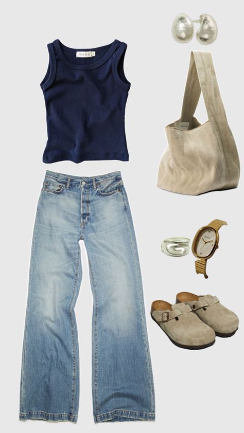 Navy tank top, light wash jeans, casual but cute putfit Tank Top With Cardigan Outfit Jeans, Tank Top Outfits School, Vintage Blue Jeans Outfit, Jeans With Tank Top Outfit, Modest Outfits Aesthetic Trendy, Dark Blue Tank Top Outfit, Casual First Day Of School Outfit Ideas, Cute Simple Outfits For School Casual, Tank Top With Jeans Outfit