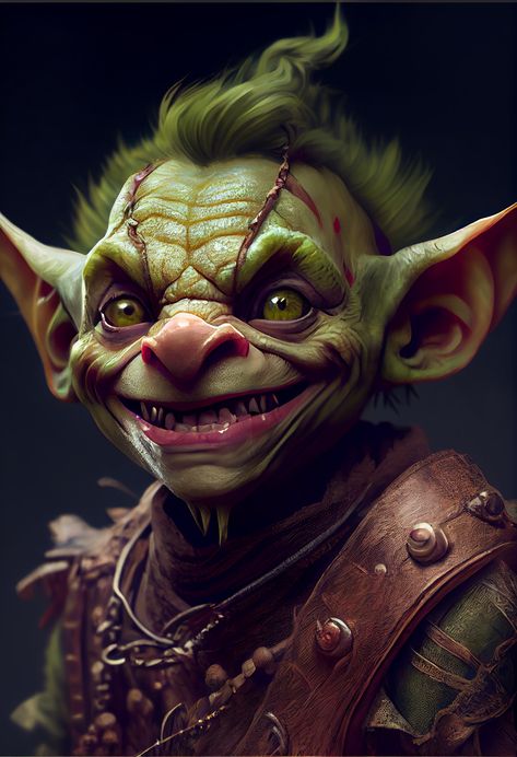 Mischievous Goblin, AI Art 3d Karakter, Goblin Art, Fairy Art Dolls, Fantasy Portraits, Green Goblin, Fantasy Pictures, Fantasy Races, Dungeons And Dragons Characters, Creature Concept Art