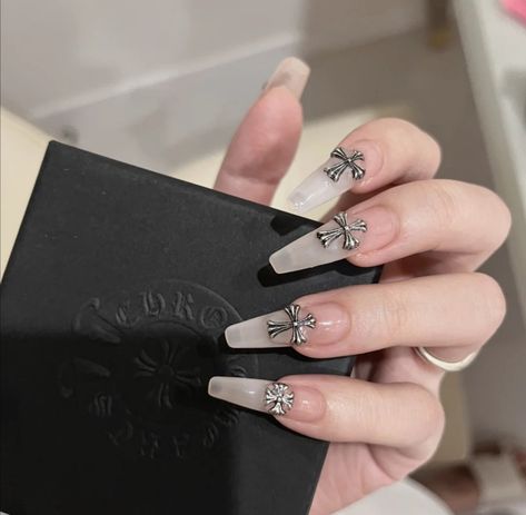 Nail Design Long Nails, Acubi Nails, Design Long Nails, Nail Design Long, Cross Nails, Long Nail Art, Gothic Cross, Blush Nails, Classy Acrylic Nails