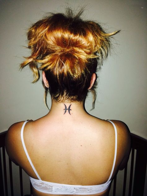 Pisces Neck Tattoo Pisces Tattoo Neck, Pisces Neck Tattoo, Back Of Neck Tattoos For Women, Libra Zodiac Tattoos, Nape Tattoo, Pisces Tattoo, Pisces Tattoo Designs, Girl Neck Tattoos, Side Neck Tattoo