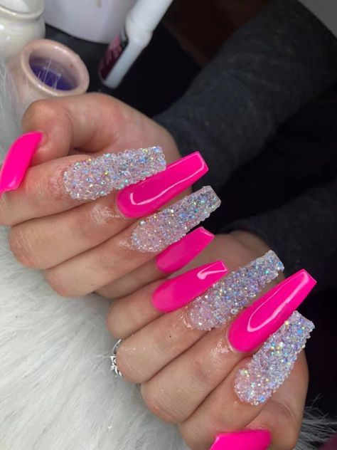 Sweet 16 Nails, Magenta Nails, Bright Pink Nails, Neon Pink Nails, Pink Glitter Nails, Hot Pink Nails, Pink Nail Art, Coffin Nails Long, Pink Acrylic