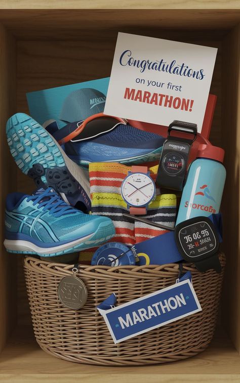 Gift baskets for first-time marathoners with motivational quotes and recovery items. Runners Gift Basket, Marathon Gift Basket, Marathon Gift, First Marathon, Celebration Ideas, Gifts For Runners, Gift Basket Ideas, Basket Ideas, Unique Ideas