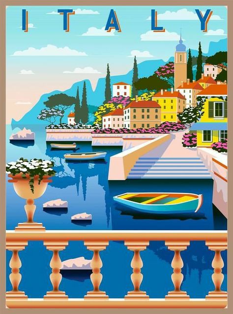 Italy Illustration, Seni Mural, Affiches D'art Déco, Italy Poster, Retro Travel Poster, Art Deco Posters, Images Vintage, Travel Wall, Travel Wall Art