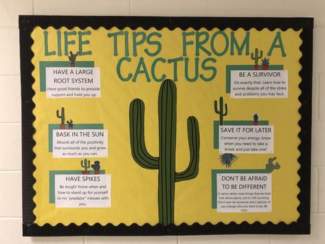 Life tips from a cactus. RA Bulletin Board. Succulents. Cacti. Ra Bulliten Board Ideas Colleges, Bulliten Board Ideas For High School, Succulent Bulletin Board Ideas, Simple Ra Bulletin Boards, Agriculture Bulletin Board Ideas, Cactus Bulletin Board Ideas, Ffa Bulletin Boards, Bulletin Board High School, Succulent Bulletin Board