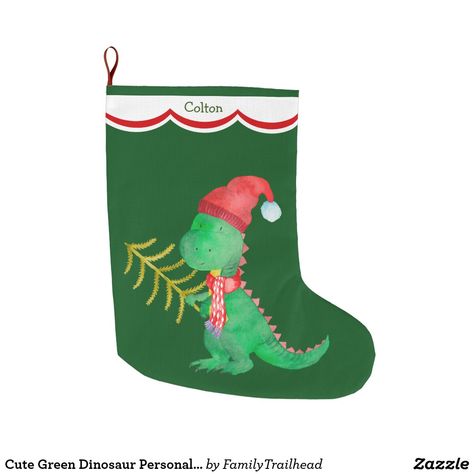 Cute Green Cartoon, Cute Green Dinosaur, Cartoon Name, Cute Christmas Stockings, Stick Christmas Tree, Green Cartoon, Red Santa Hat, Holiday Mantle Decor, Decorated Stockings