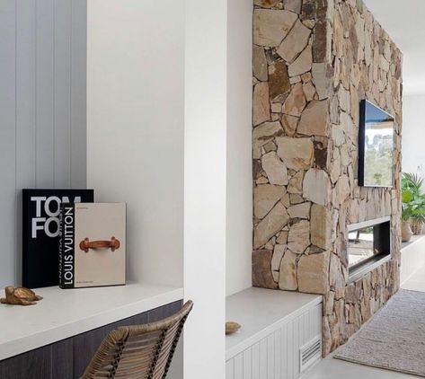 @sydneytilegallery on Instagram: “Meraki Stone Cladding • @stoneexteriors” Sand Stone Fireplace, Tv Over Stone Fireplace, Stone Wall Fireplace With Tv, Timber Storage, Stone Fireplace Designs, Stone Fireplace Wall, Fireplace Feature Wall, Sandstone Fireplace, Mount Martha