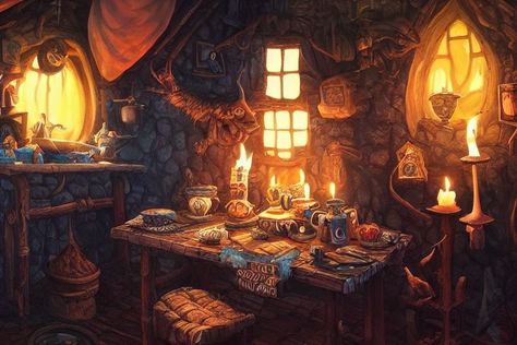 Witch Home Concept Art, Witch House Interior Illustration, Cozy Cabin Illustration, Witch Hut Interior, Dnd Witch, Witch Woods, Witch House Interior, Witch Cabin, Cozy Witch