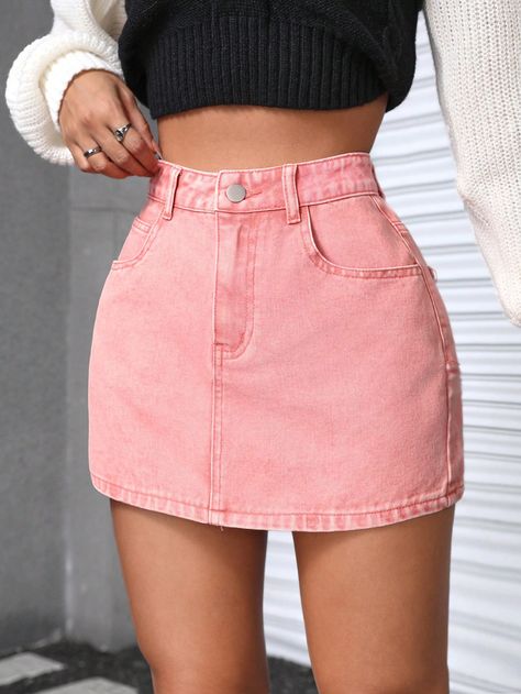 Pink Casual Collar  Denim Plain Straight Embellished Non-Stretch  Women Clothing Pink Jean Skirt, Pink Denim Skirt, A Line Denim Skirt, Denim Skirt Women, Gowns Wedding, Denim Skirts, Pink Jeans, Beautiful Clothes, Pink Skirt