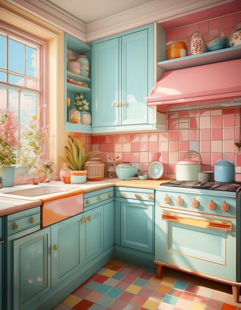 Retro Pastel Kitchen Corner 1920s Kitchen Vintage, Vintage Pastel Aesthetic, Pastel Color Kitchen, Family Photos Wall, Healing Room Ideas, Photos Wall Decor, Pink Retro Kitchen, Small Theatre Room Ideas, Family Photos Wall Decor