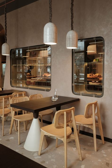 The Allure of Fresh Bread Informs the Design of a Bakery by Studio Shoo - Interior Design Terrazzo Floor Tiles, Coffee Shop Concept, Built In Sofa, Bakery Interior, Bakery Design Interior, Pale Wood, Concept Ideas, Elegant Chair, Soft Sofa