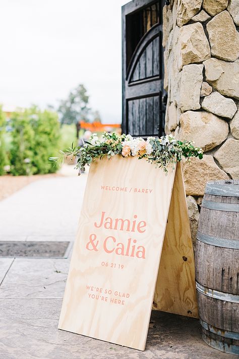 Minimalist Ojai Wedding at Topa Mountain Winery | Southern California Wedding Ideas and Inspiration Wedding Wood Welcome Sign, Wedding Welcome Sign Rustic, Wood Seating Chart Wedding, Seating Chart Wedding Wood, Rustic Wedding Decoration Ideas, Wedding Gifts Groomsmen, Sarah Seven Bridal, Wedding Entrance Sign, Ojai Wedding