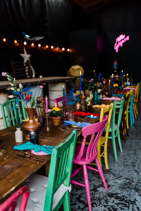 Boat Shed, Colourful Wedding, Prop Hire, Rainbow Wedding, The Lane, Neon Wedding, Colorful Chairs, Festoon Lighting, Wedding Mood