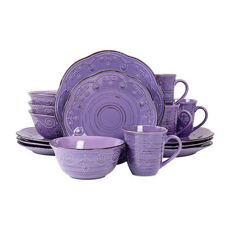 Elama Rustic Birch 16-pc. Stoneware Dinnerware Set, Color: Purple - JCPenney Purple Dishes, Purple Kitchen, Stoneware Dinnerware Sets, Dinner Table Setting, Embossed Pattern, Stoneware Dinnerware, Dinner Service, All Things Purple, Beautiful Bowls