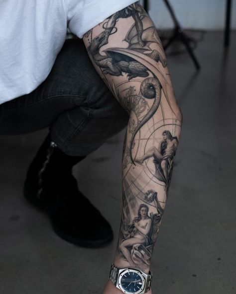 Stoic Tattoo Sleeve, Black And White Mens Tattoos, Anatomy Sleeve Tattoo, Marble Statue Tattoo, Man Sleeve Tattoo, Men’s Full Sleeve Tattoo, Oscar Akermo, Realism Tattoo Sleeve, Full Sleeve Tattoos For Guys