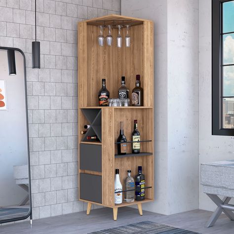 Looking for a hip and stylish bar to call your own? The Lisbon Corner Bar Cabinet will be the solution. This unique piece is designed with a beautiful pine-matt grey manufactured wood and comes with ample capacity for all of your needs. Bar Cabinets For Home, Living Room Bar Cabinet, Corner Bar Cabinet, Corner Storage Shelves, Built In Wine Rack, Corner Bar, Bar Unit, Crockery Unit, Dining Room Bar