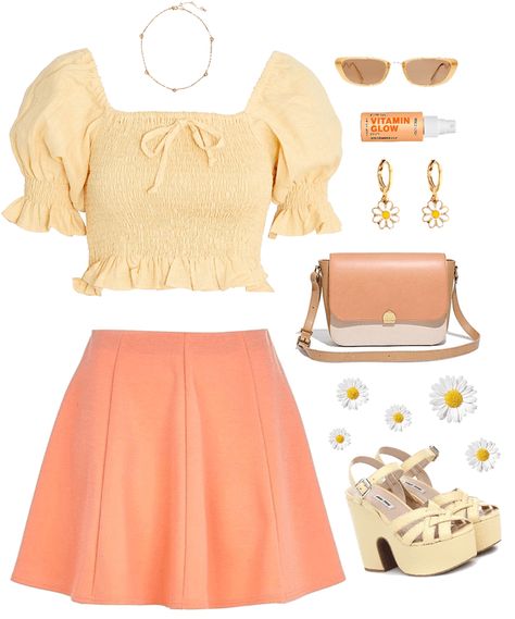 Soft Yellow Outfit Aesthetic, Yellow Clothing Aesthetic, Pastel Outfits Ideas, Orange Outfits Ideas, Cute Orange Outfits Aesthetic, Soft Orange Outfit, Pastel Outfit Summer, Orange Coquette Outfit, Cute Yellow Outfits Aesthetic