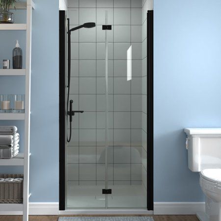 ES-DIY 34-35.5 x 72 inch Folding Frameless Swing Hinged Shower Doors in Black ES-DIY is a frameless hinged folding shower door that is perfectly designed for todays contemporary trends. Its 72 in. tall single-panel hinged design is comprised of thick tempered 1/4 in. (6 mm) ANSI Z97.1 clear tempered glass with professionally applicated water-repellant hygienic and stain resistant glass coating. The ES-DIY pivot shower door is available in a wide array of width options with multiple desirable har Shower Door Black, Install Glass Shower Door, Door Alternatives, Pivot Shower Door, Bathroom Glass Door, Bathroom Shower Doors, Glass Shower Doors Frameless, Door Black, Small Showers