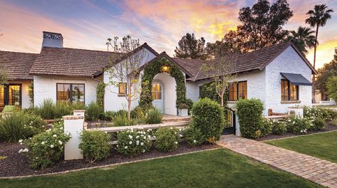 French Cottage Charm - Phoenix Home & Garden French Cottage Home, Spanish Cottage, Front Landscape, Ranch House Exterior, French Style Homes, Phoenix Homes, Cottage Exterior, Spanish Style Home, Cottage Style Homes